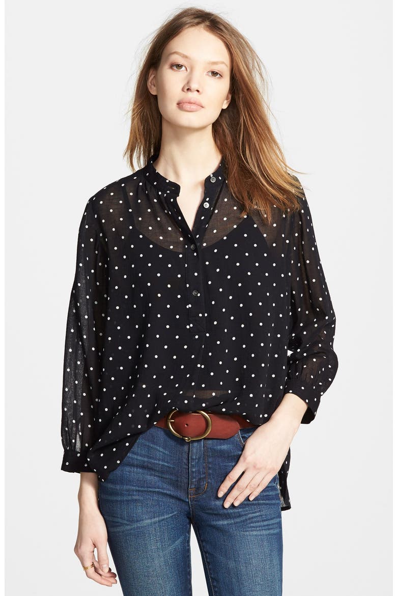 Shirred Dot Print Shirt, Main, color, WHITE BLACK
