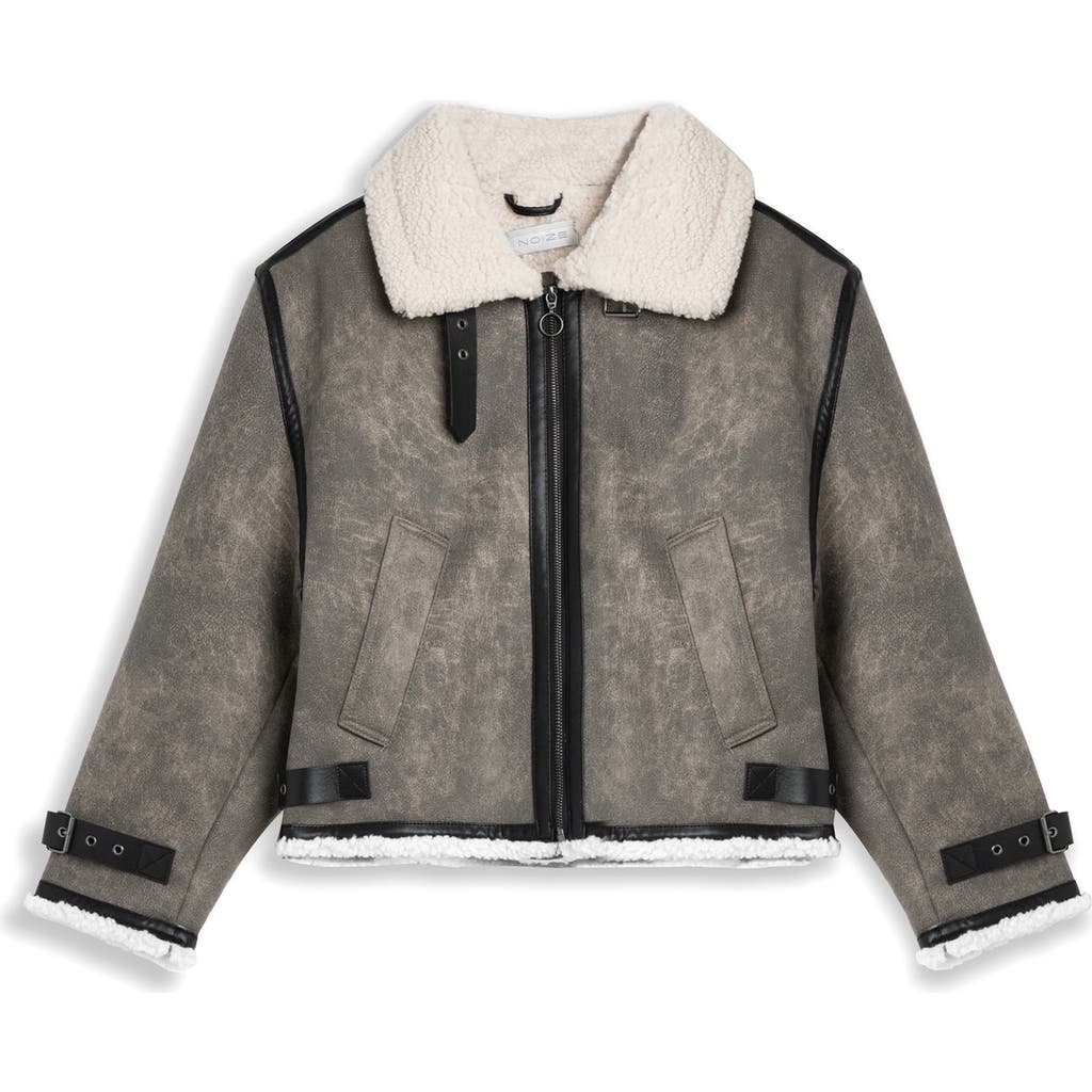 Noize Shawna Faux Shearling Lined Faux Leather Jacket In Gray