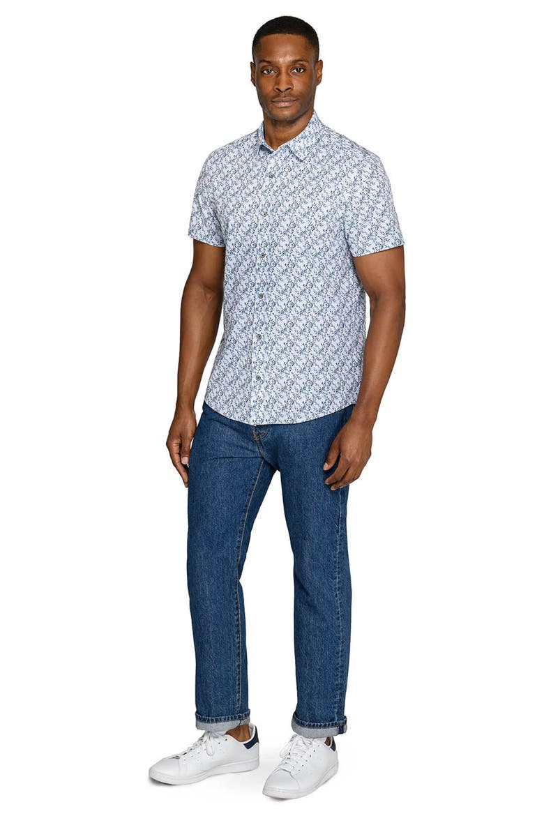 Slim Fit Floral Short Sleeve Performance Button-Up Shirt, Alternate, color, WHITE/ NAVY