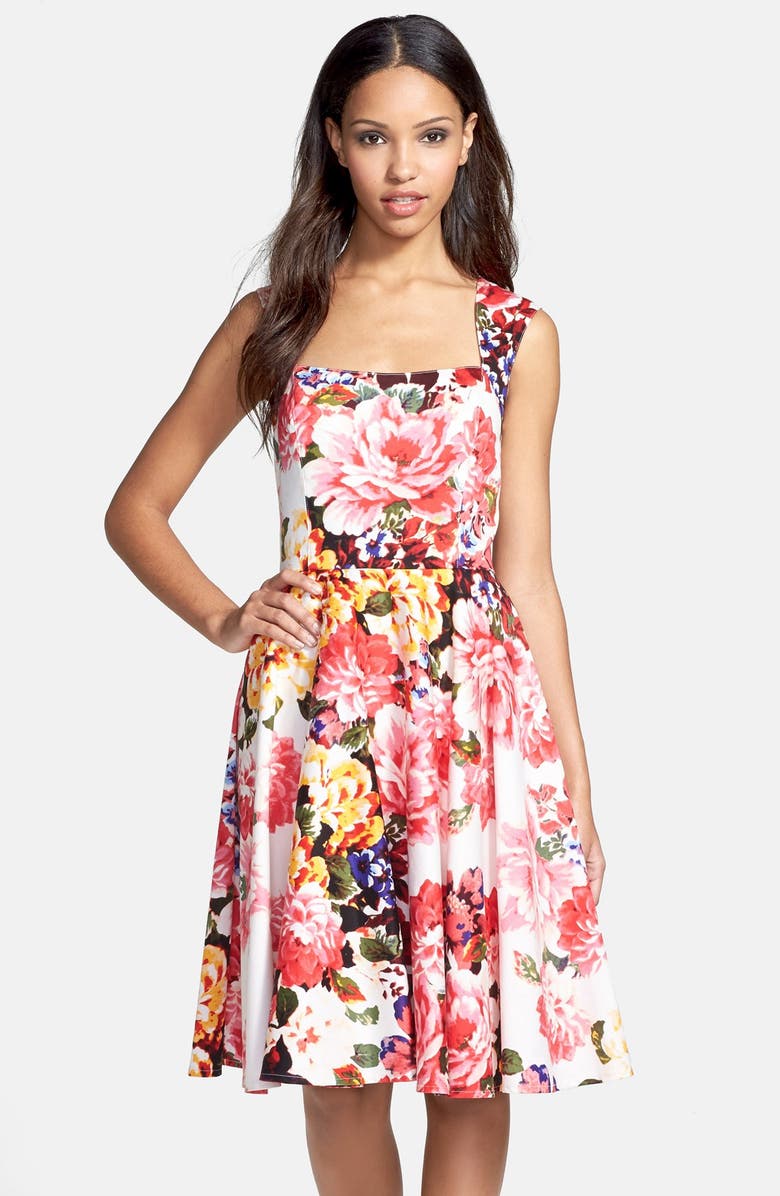 Maggy London Floral Print Cotton Sateen Fit & Flare Dress, Main, color, 