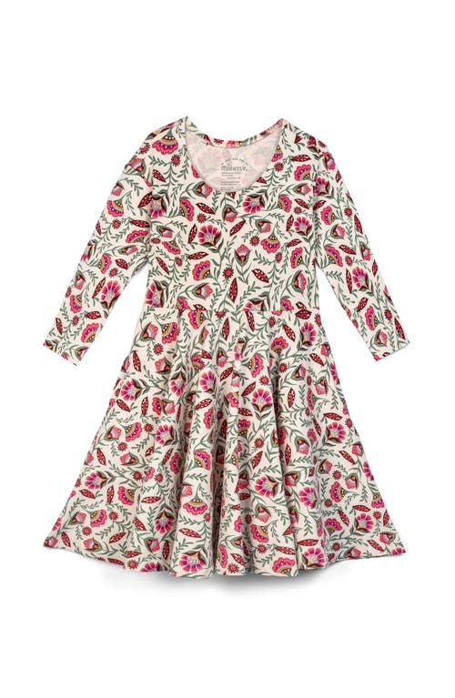 Mightly Organic Cotton 3/4 Sleeve Print Twirl Dress In Folk Floral