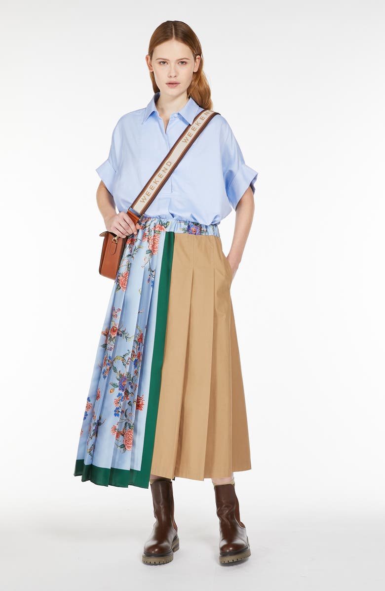 Weekend Max Mara Operoso Mixed Print Colorblock Pleated Cotton Midi Skirt, Alternate, color,
