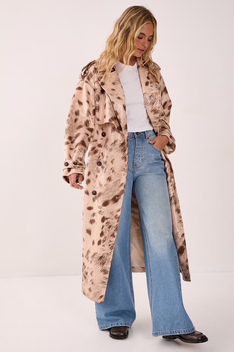 Cow Print Faux Leather Trench Coat, Alternate, color, Cream