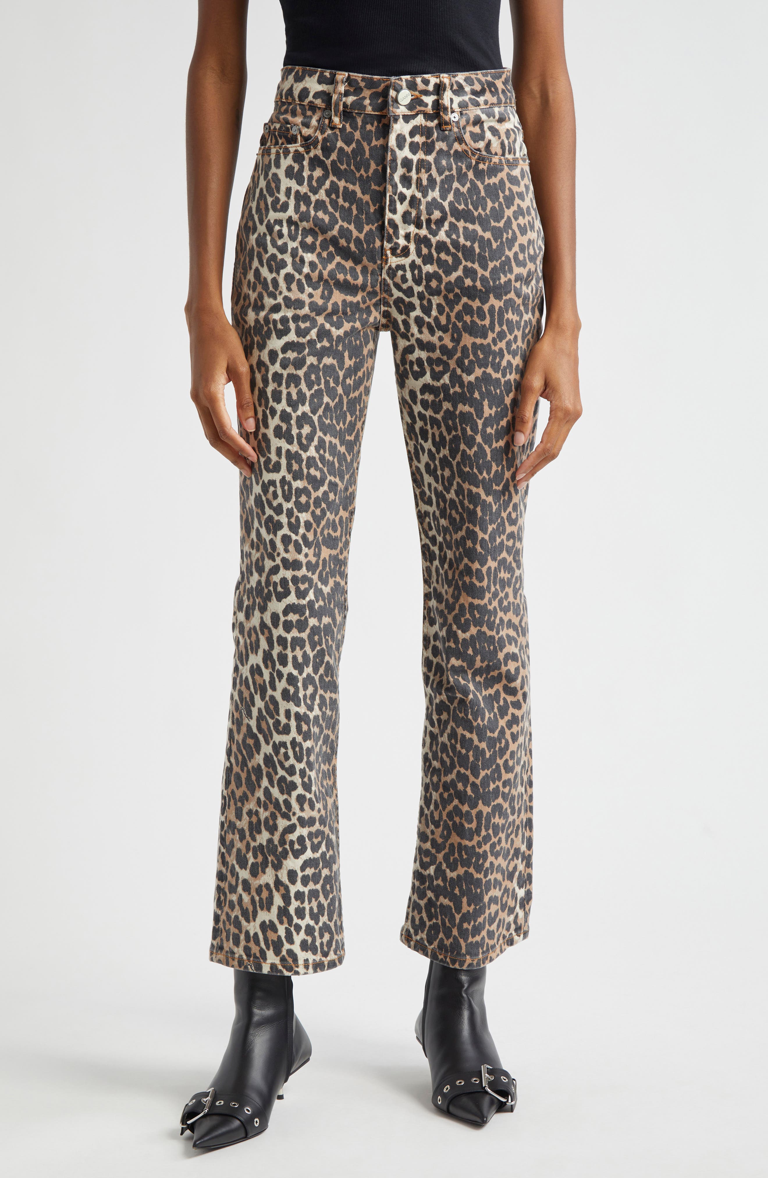 Ganni Betzy Leopard Stretch Organic Cotton Crop Jeans