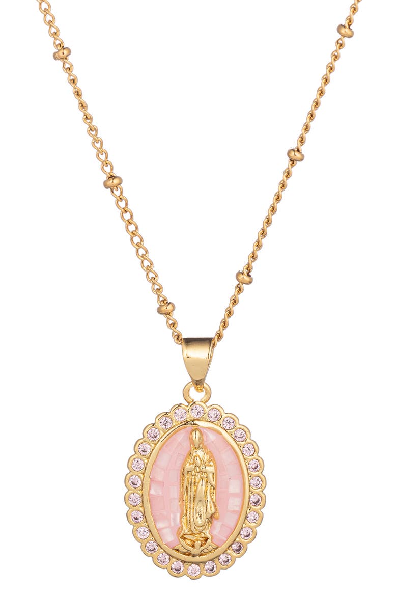 The Luxe Collection Rose Quartz Virgin Mary Pendant Necklace, Main, color, GOLD