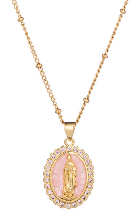 The Luxe Collection Rose Quartz Virgin Mary Pendant Necklace