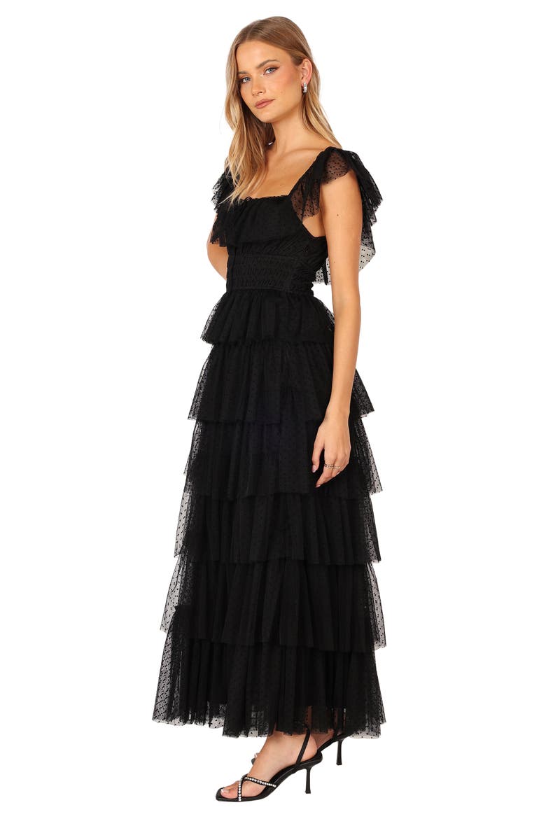 Belle Swiss Dot Tulle Tiered Maxi Dress, Alternate, color, BLACK