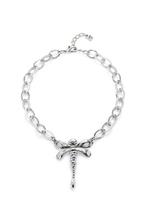 Sterling Silver Plated Chain Necklace with Central Dragonfly