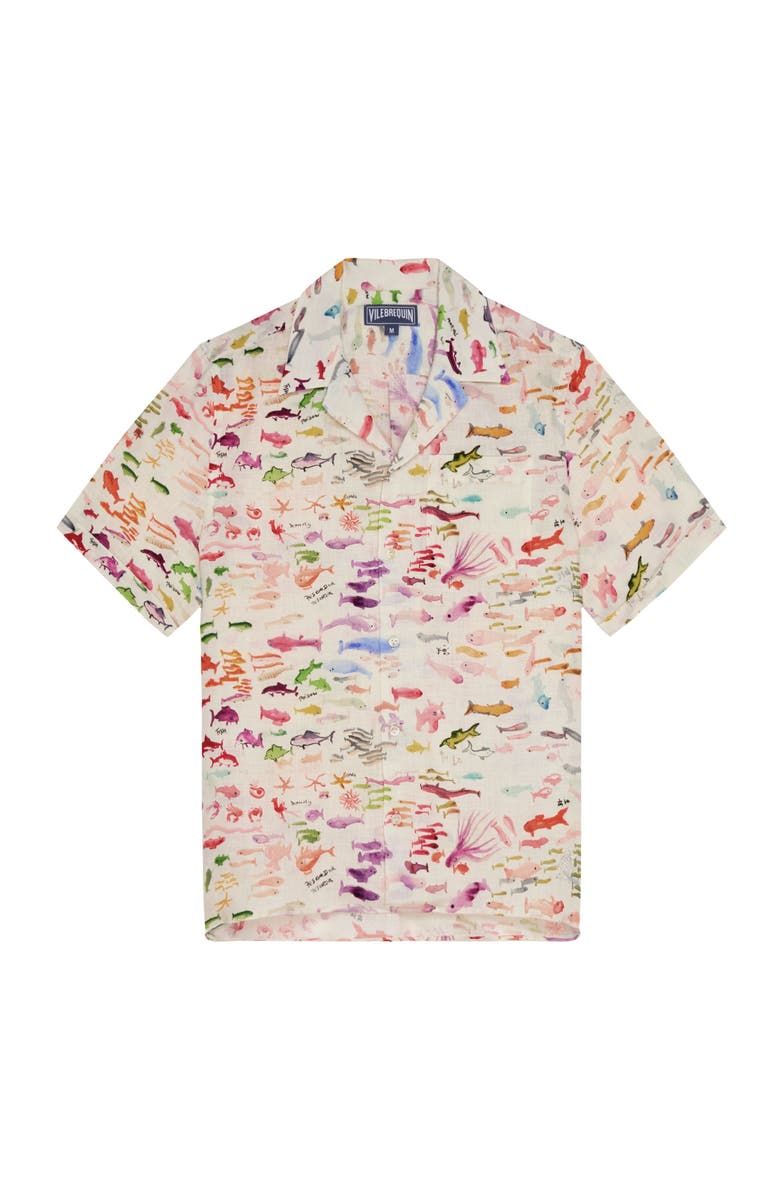 Vilebrequin Men Linen Bowling Shirt Pescador - VBQ x Fabrice Hyber, Main, color, Paper