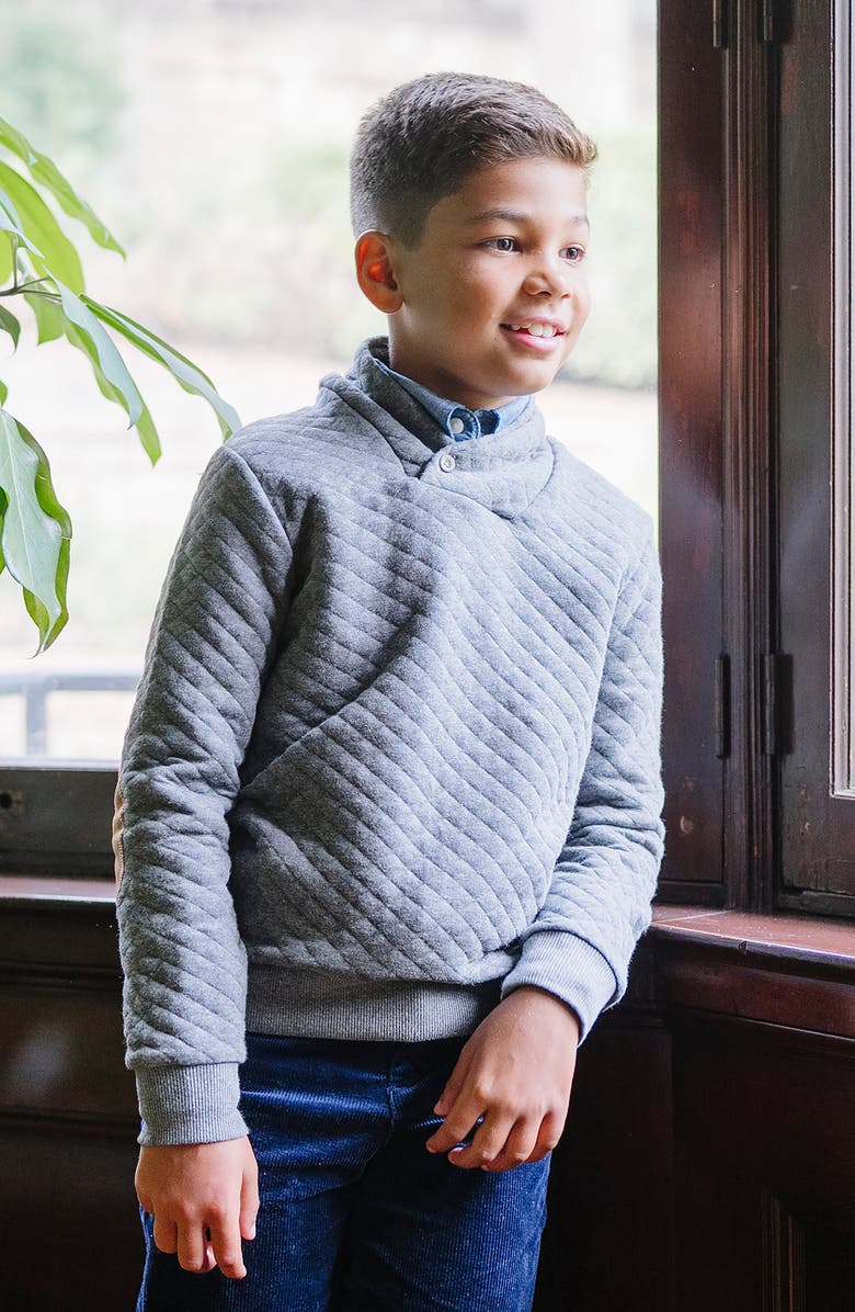 Hope & Henry Kids' Long Sleeve Quilted Shawl Collar Sweatshirt with Elbow Patches, Alternate, color, Quilted Dark Gray Heather