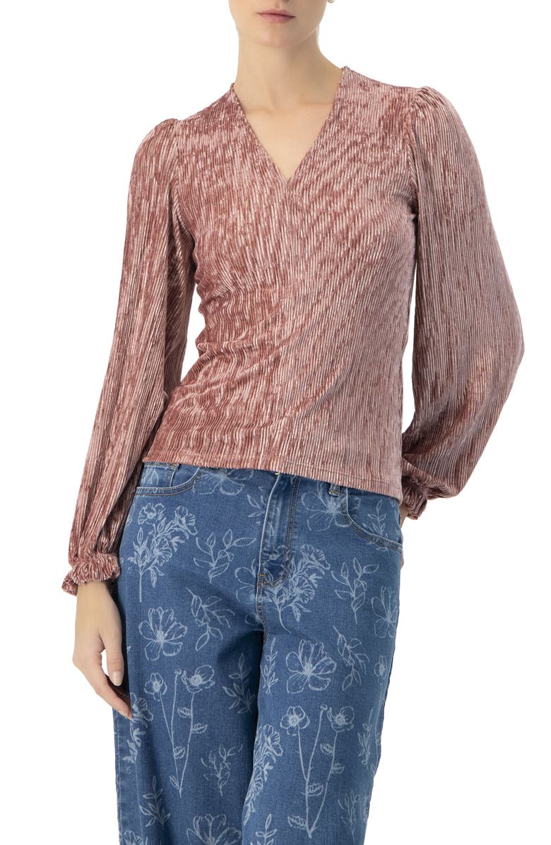 IVONNE Pleated Velvet V-Neck Blouse, Main, color, Dark Pink
