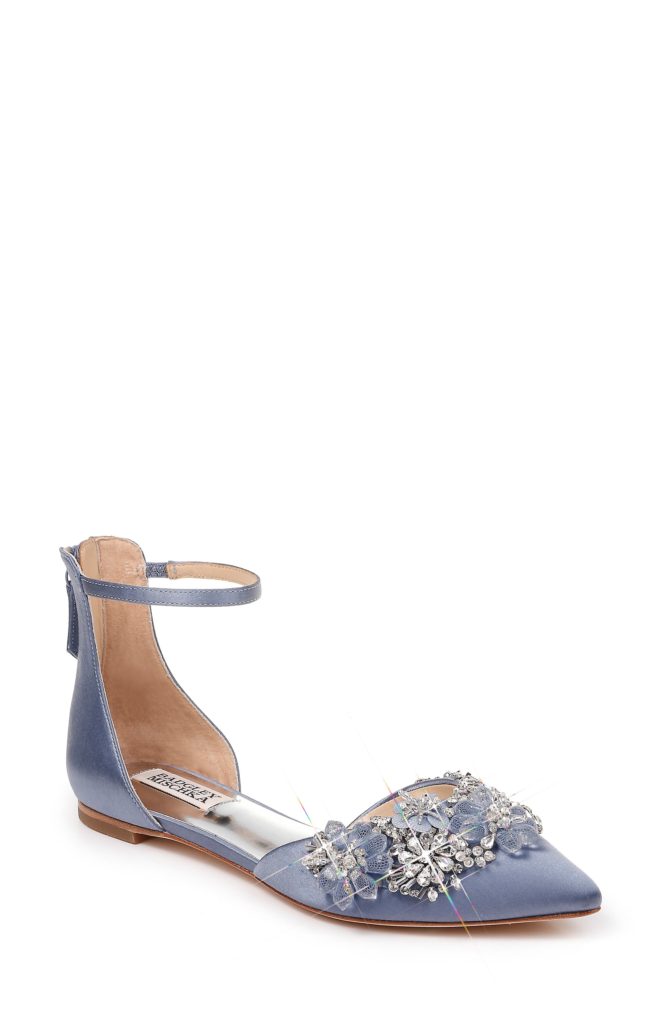 Badgley Mischka Abby Ankle Strap Flat, Main, color, STEEL BLUE SATIN