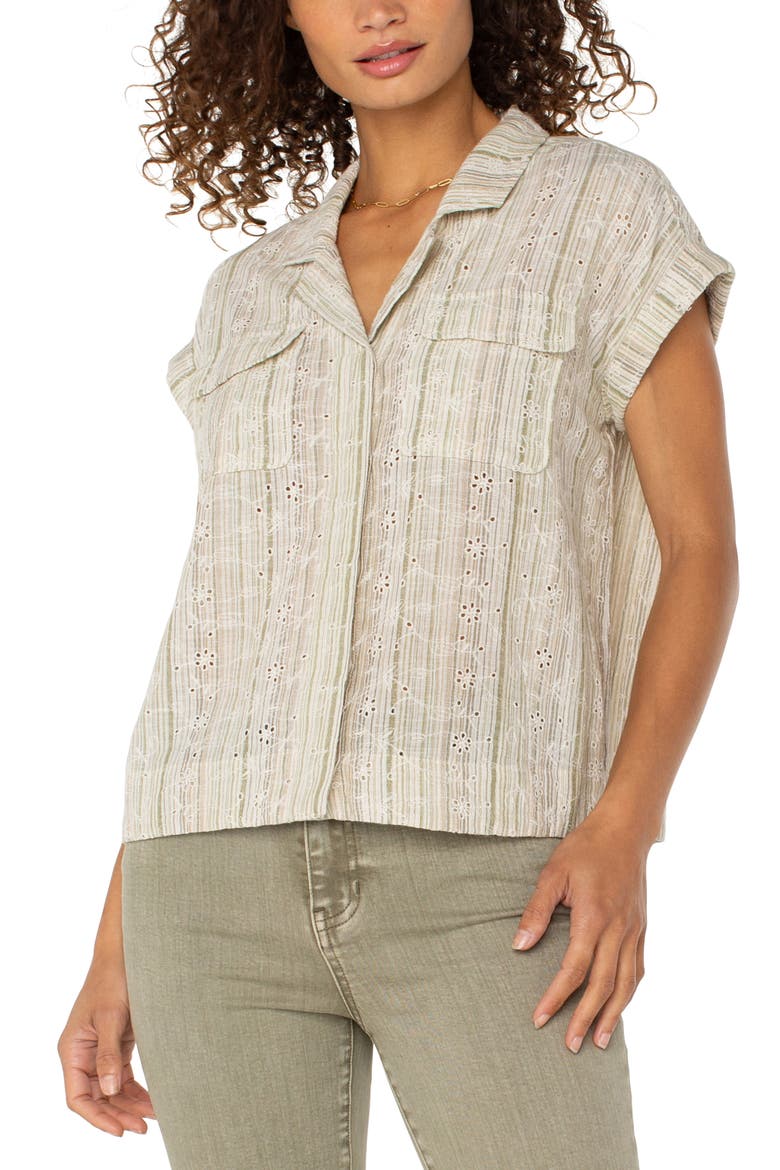 Stripe Eyelet Cotton & Linen Camp Shirt, Alternate, color, GREEN/TAN STRIPE