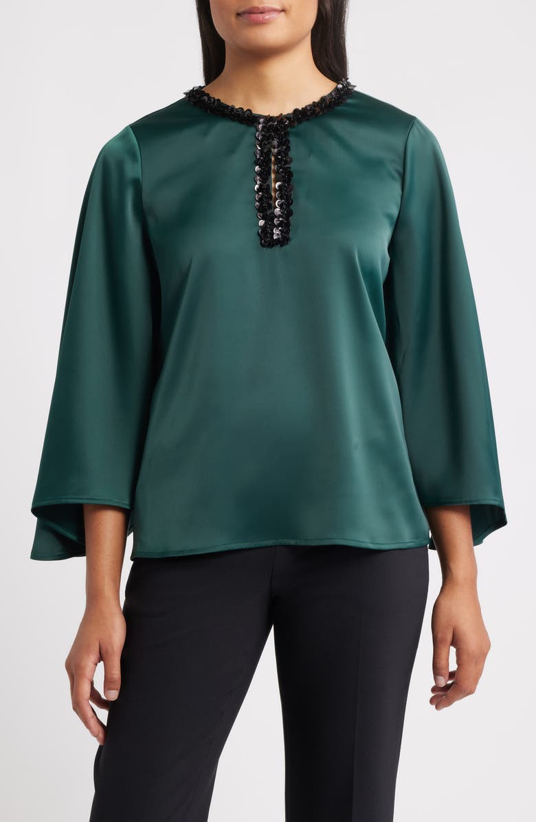 Anne Klein Sequin Accent Flutter Sleeve Satin Top, Main, color, Pine Forest