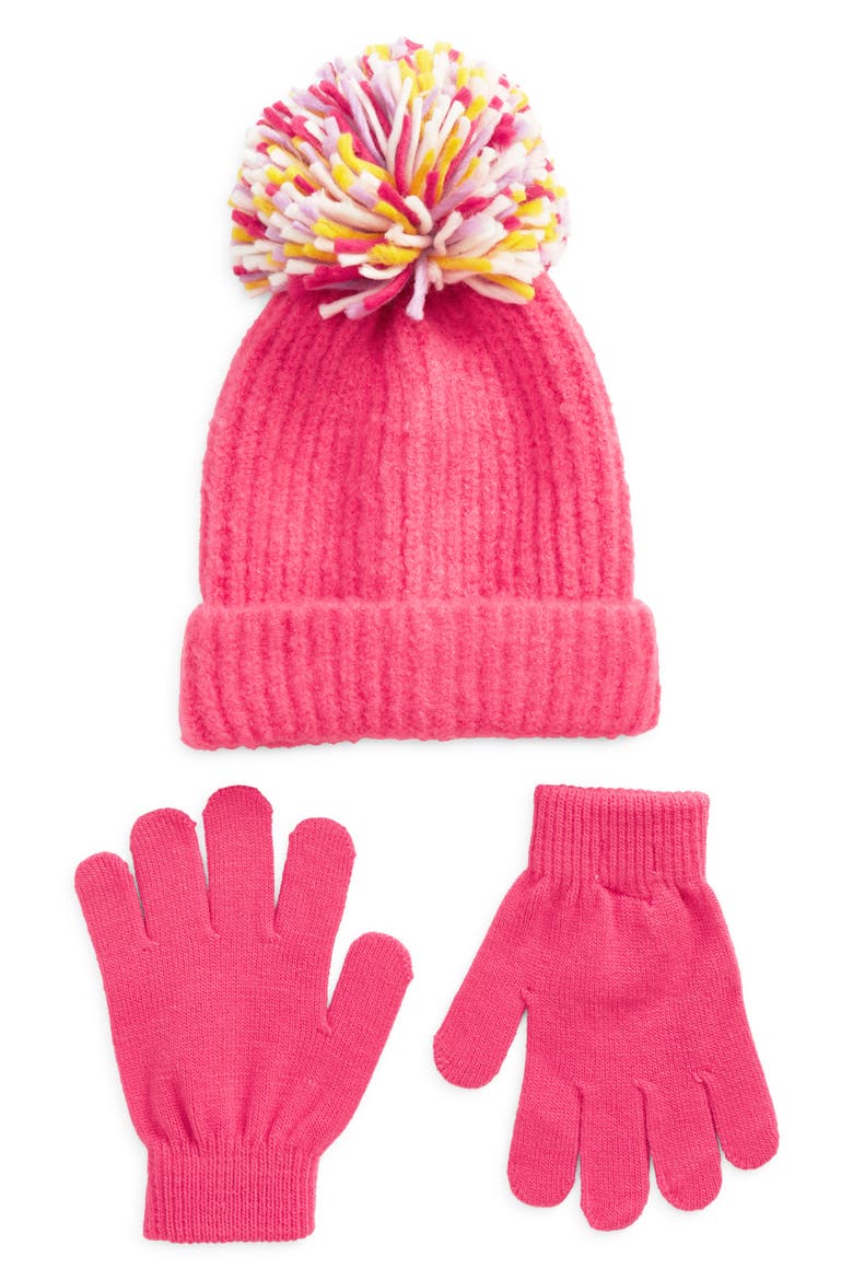 Ribbed Cuff Beanie & Gloves Set, Main, color, RASPBERRY