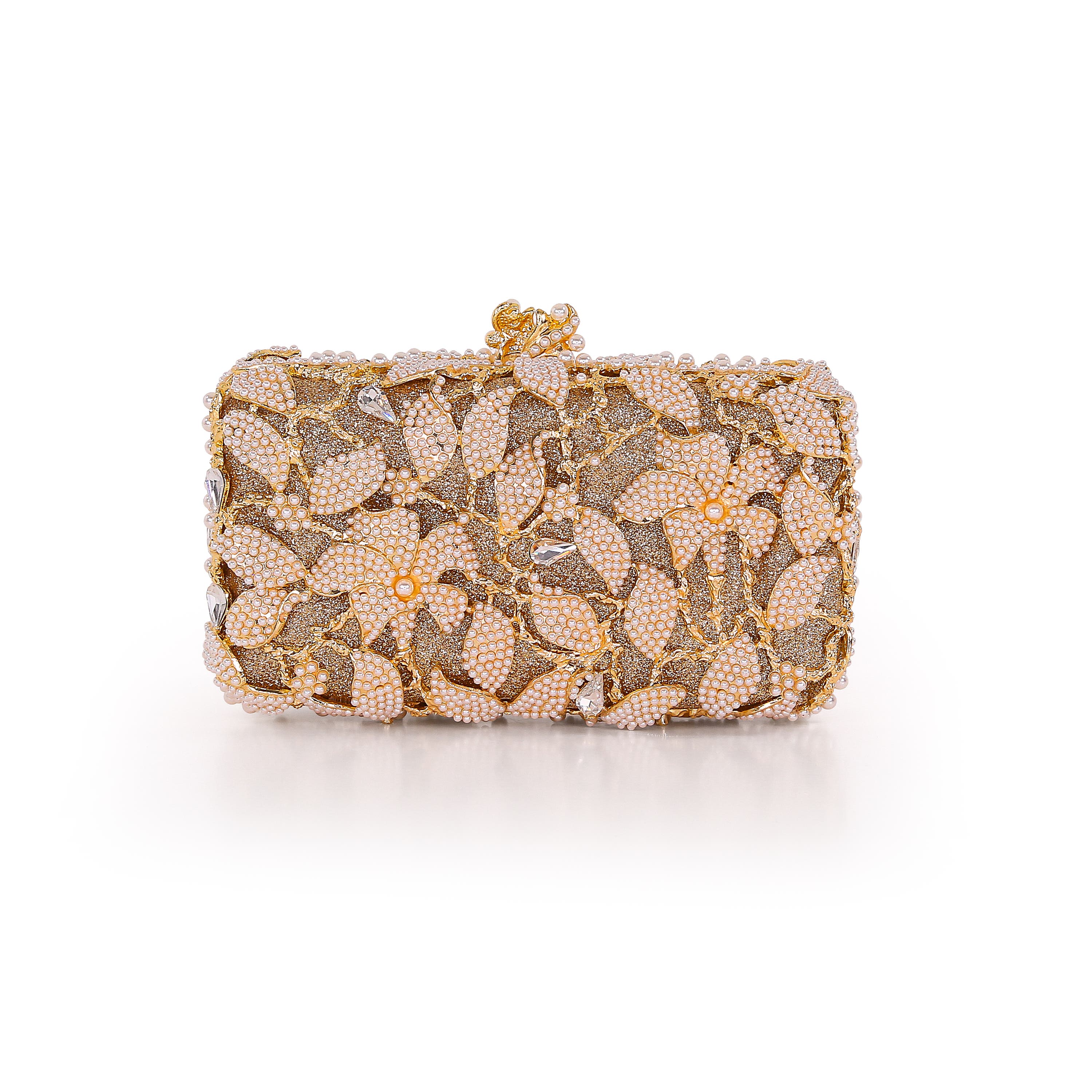 Adelaide Floral Vine Pearl and Crystal Beaded Minaudiere, Main, color, Gold