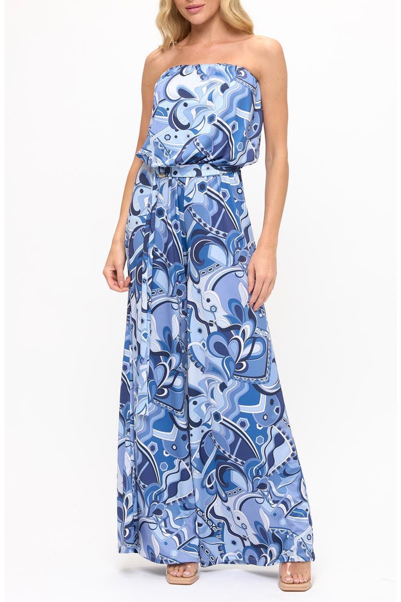Chevron Print Strapless Wide Leg Jumpsuit, Main, color, BLUE/ WHITE