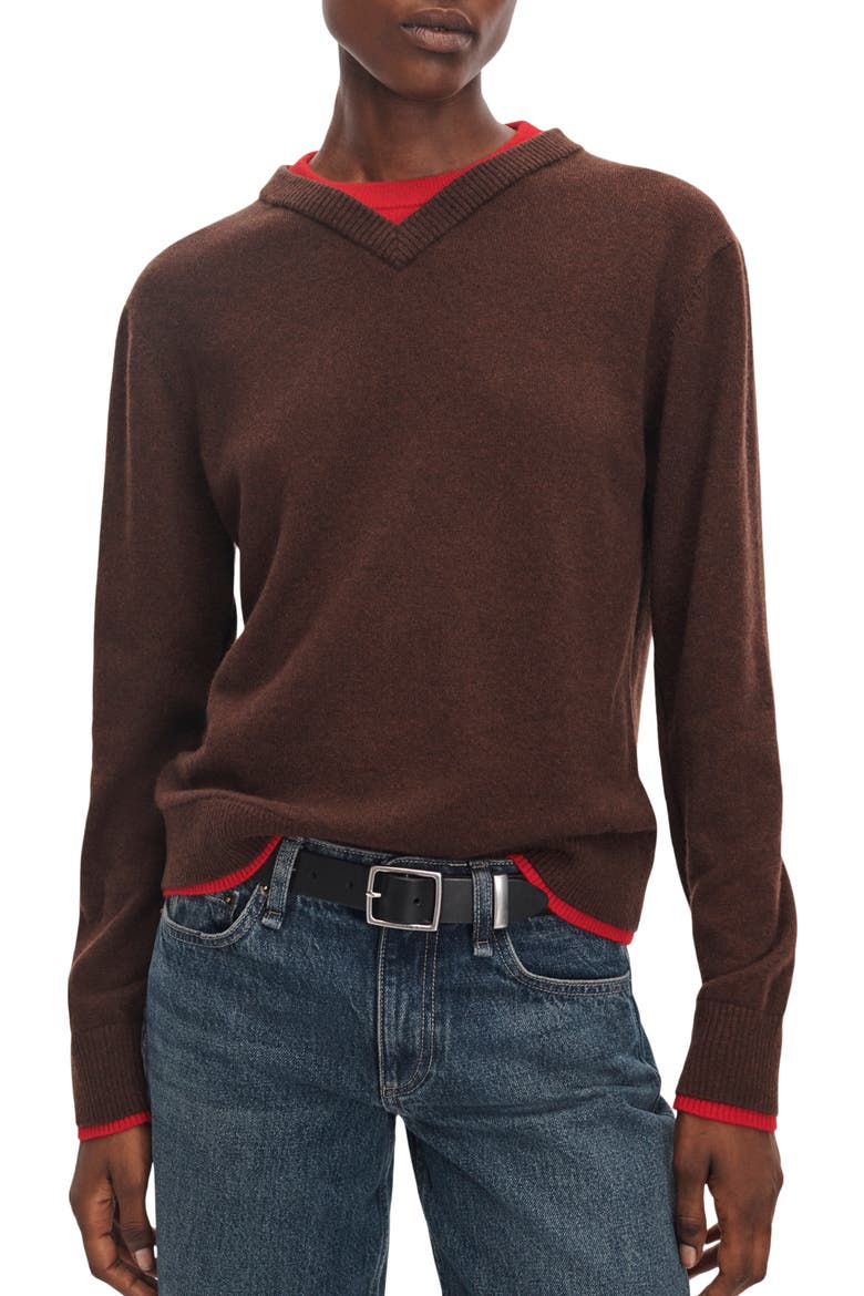 Nyla Cashmere Vee Crew Sweater, Main, color, BROWN