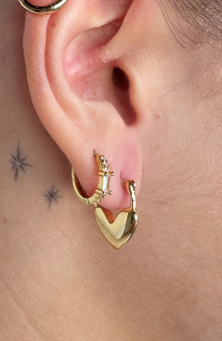 Nickel & Suede Heart Lock Huggies, Alternate, color, Gold