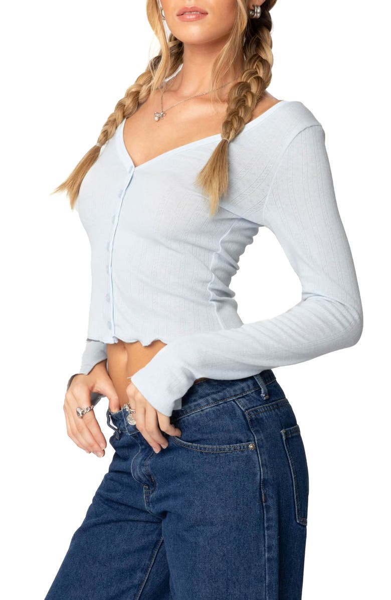 EDIKTED Ollie Pointelle Button-Up Top, Alternate, color, Light Blue