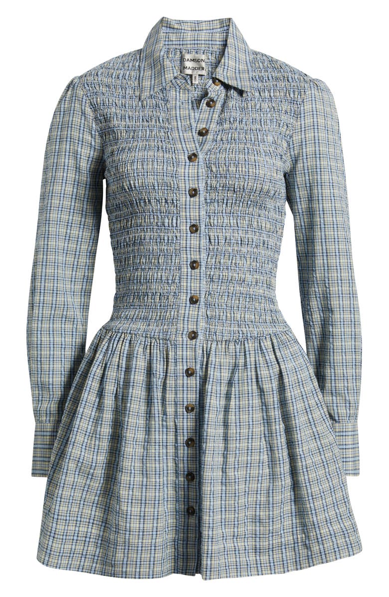 Damson Madder Bora Smocked Bodice Long Sleeve Organic Cotton Seersucker Minidress, Alternate, color, Cloudy