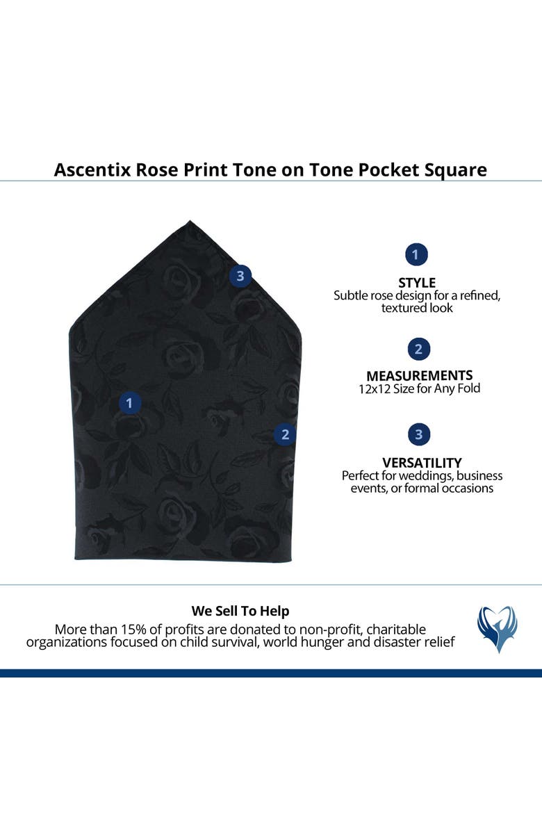 Rose Print Tone on Tone Pocket Square, Alternate, color, Black