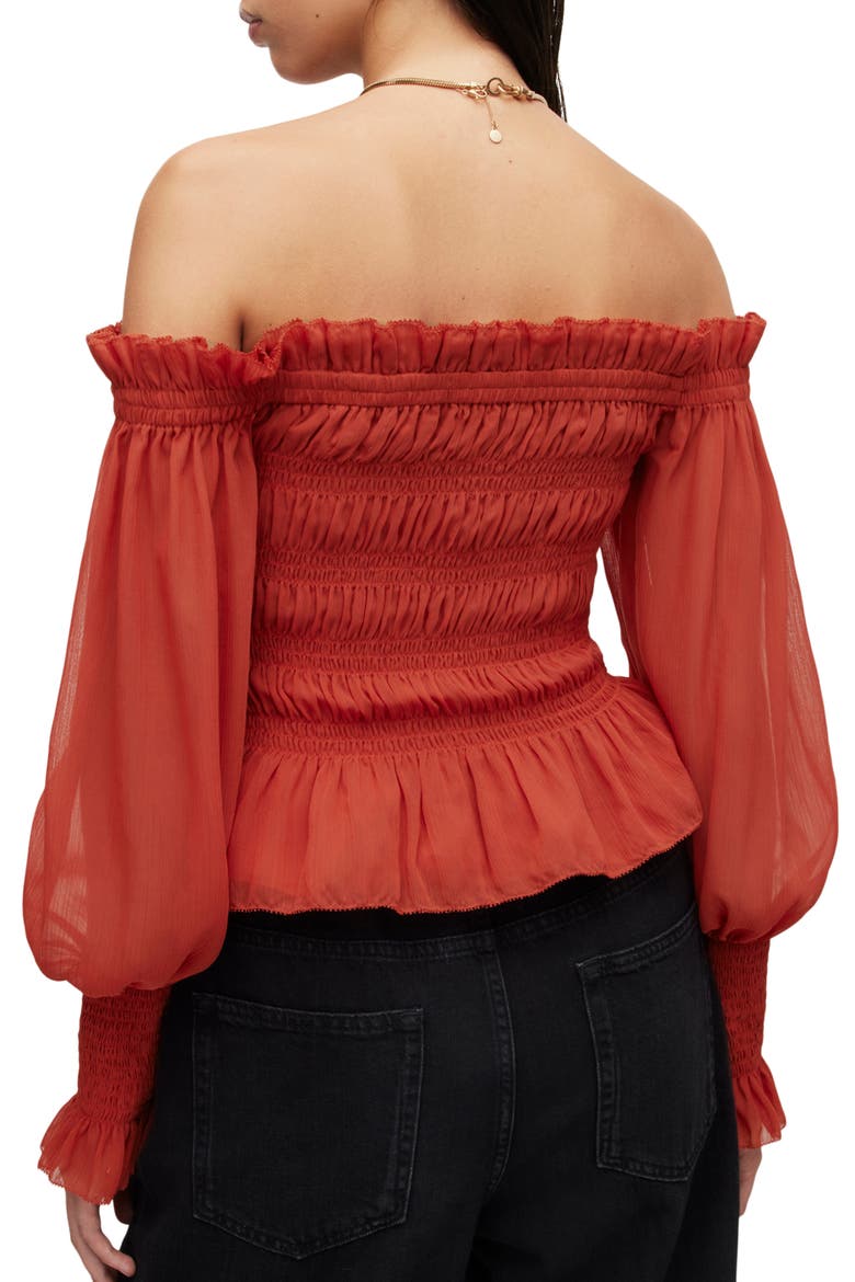 Lara Shirred Off-The-Shoulder Peplum Top, Alternate, color, RED CLAY