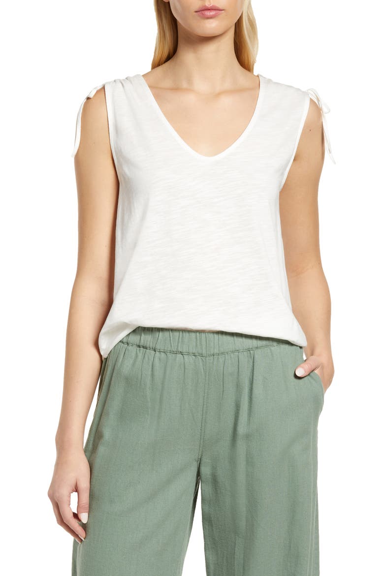 Drawstring Shoulder Cotton Blend Tank Top, Main, color, WHITE