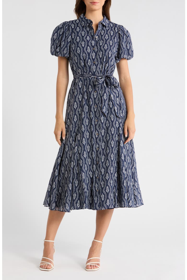 Floral Short Sleeve Midi Shirtdress, Main, color, CLASSIC NAVY