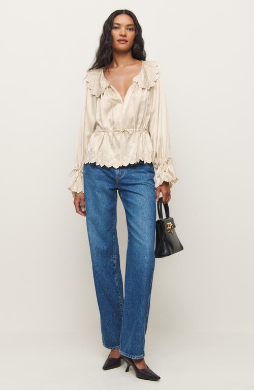 Reformation X Kacey Musgraves Lillie Eyelet Embroidered Silk Top In Almond
