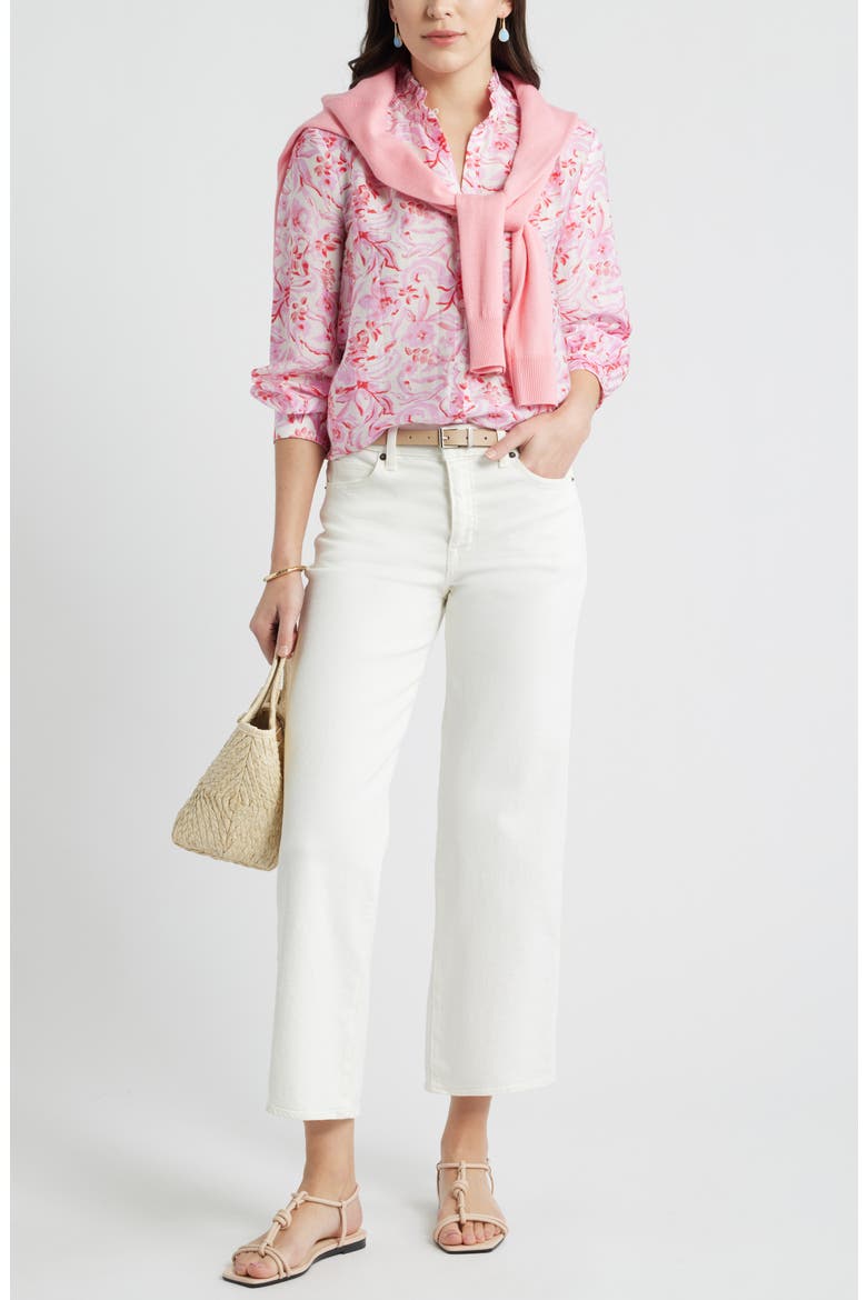 Ruffle Button-Up Shirt, Alternate, color, IVORY- PINK DAISY GARDEN