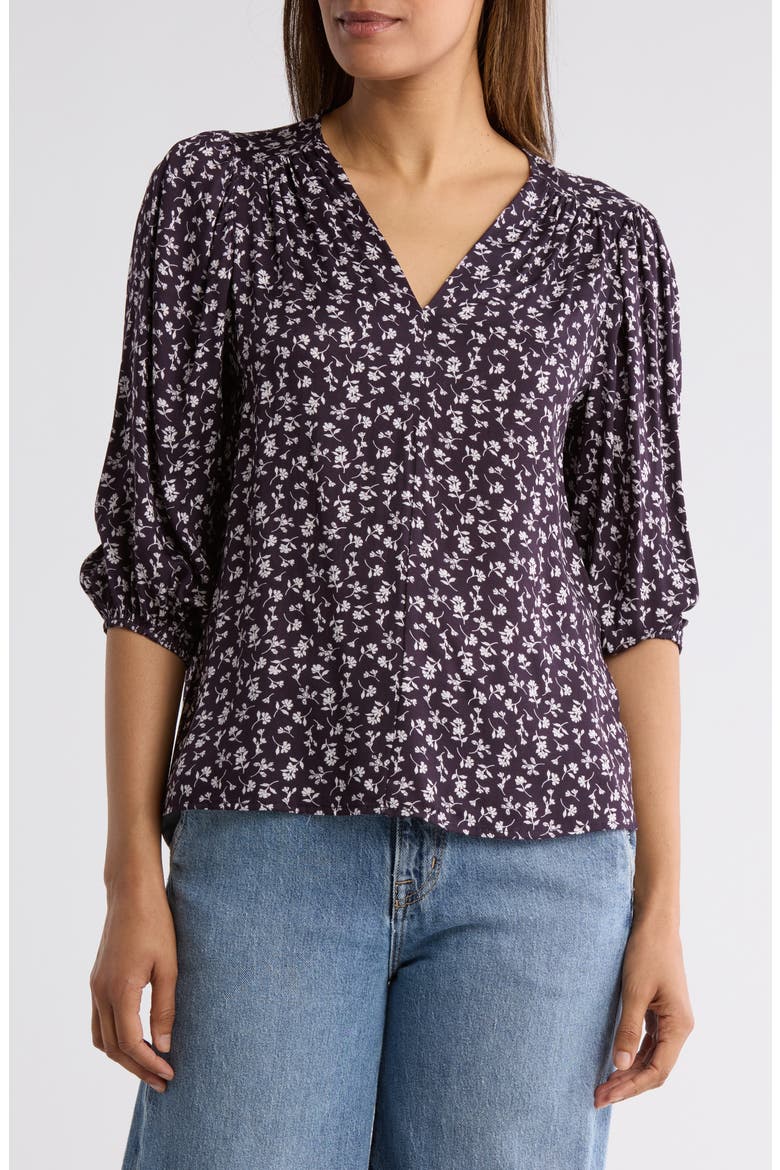 Floral V-Neck Balloon Sleeve Top, Main, color, NAVY/ WHITE