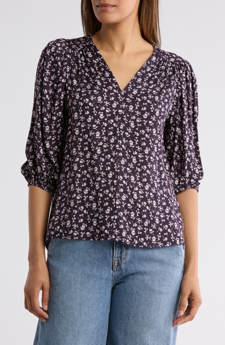 Renee C Floral V-Neck Balloon Sleeve Top, Main, color, Navy/ White