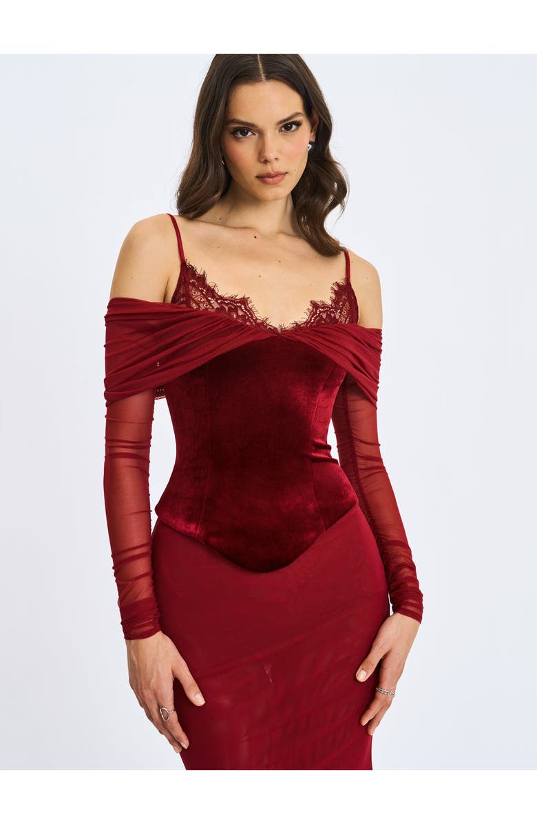 Miss Circle Maybelle Bardot Lace Strap Peplum Maxi Dress, Alternate, color, Magenta