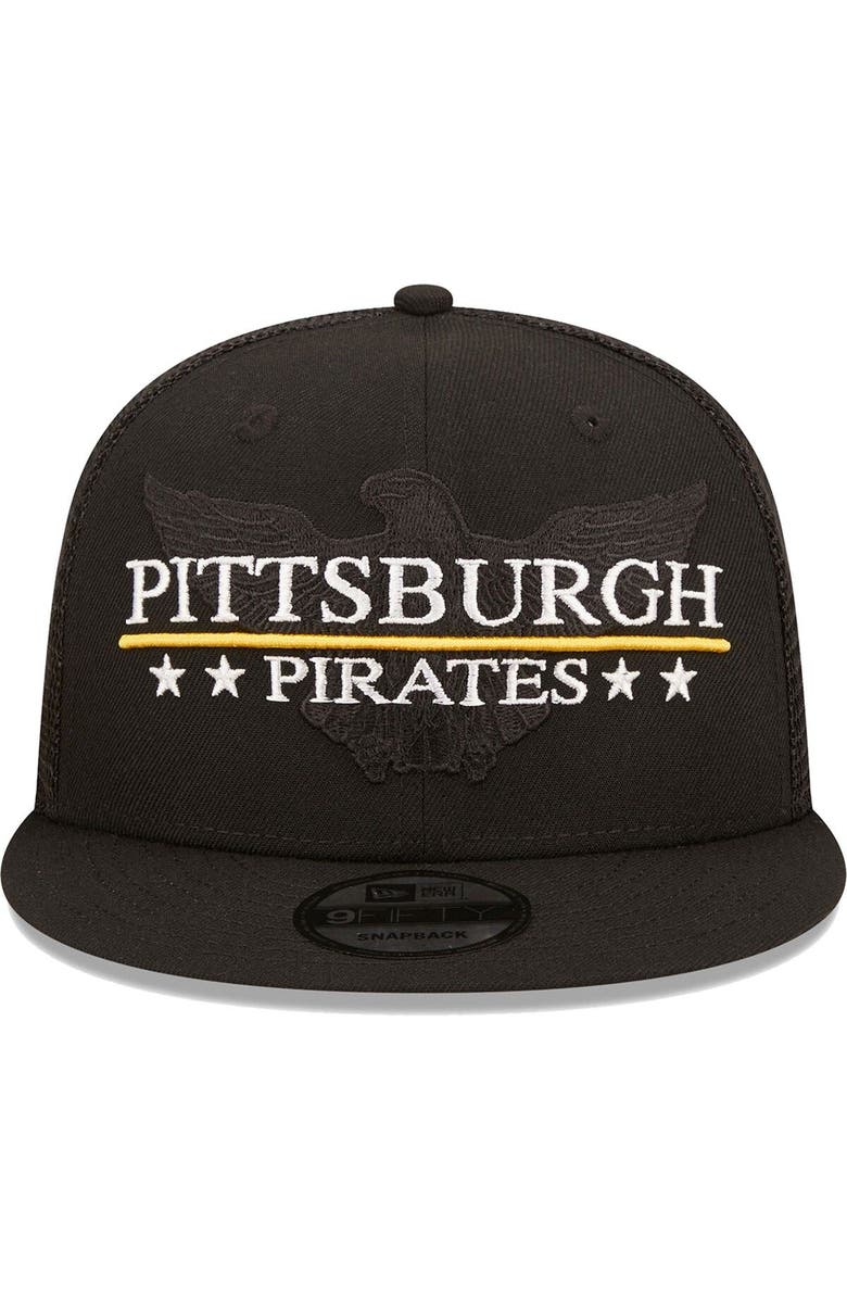 New Era Men's New Era Black Pittsburgh Pirates Patriot Trucker 9FIFTY Snapback Hat, Alternate, color, Black