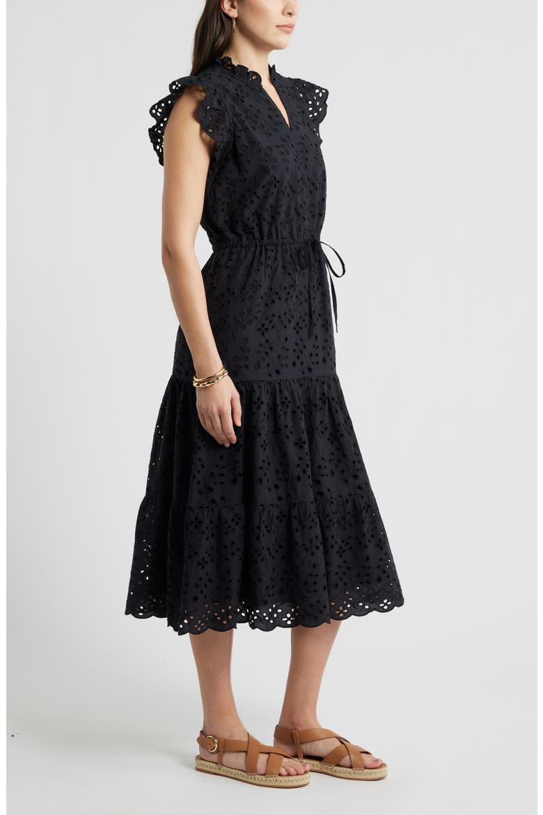 Ruffle Flutter Sleeve Cotton Broderie Anglaise Midi Dress, Alternate, color, BLACK