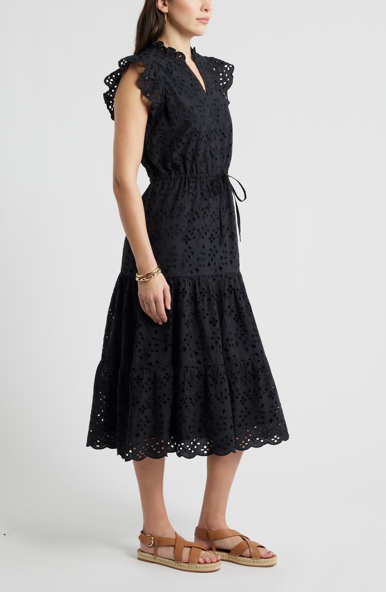 Caslon<sup>®</sup> Ruffle Flutter Sleeve Cotton Broderie Anglaise Midi Dress, Alternate, color, Black