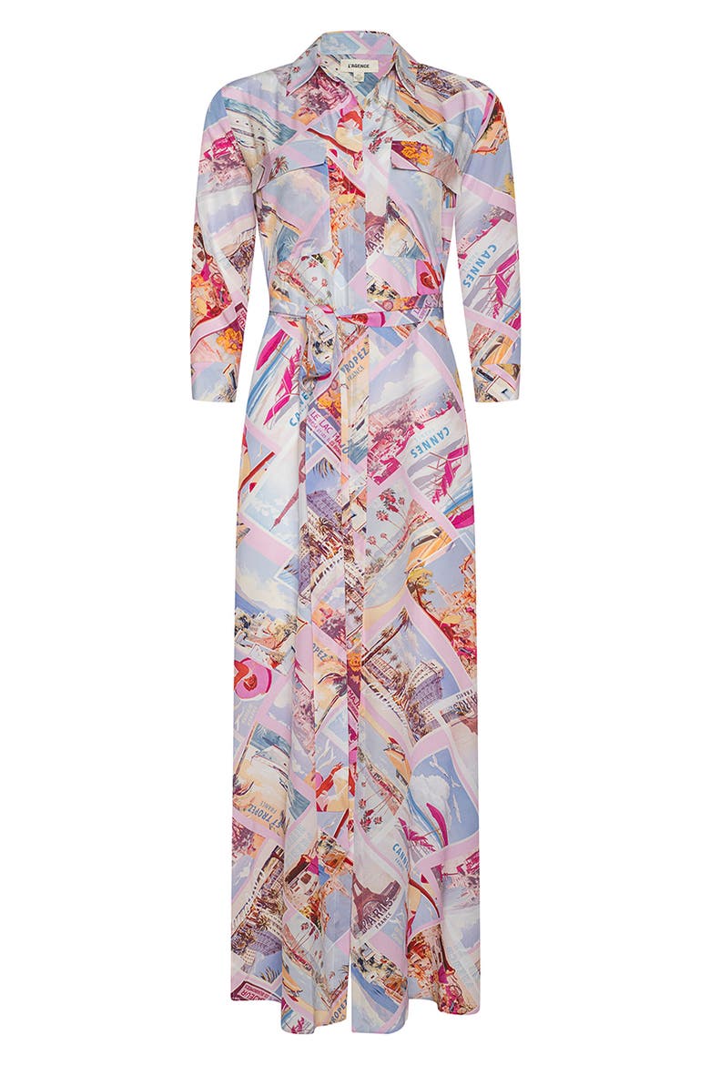 Cameron Print Long Sleeve Silk Maxi Shirtdress, Alternate, color, PINK POSTCARD PRINT