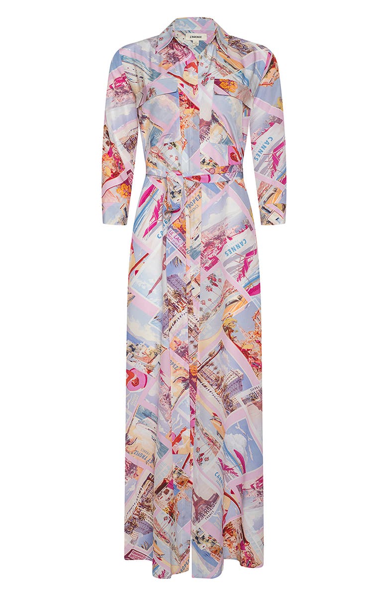 L'AGENCE Cameron Print Long Sleeve Silk Maxi Shirtdress, Alternate, color, Pink Postcard Print