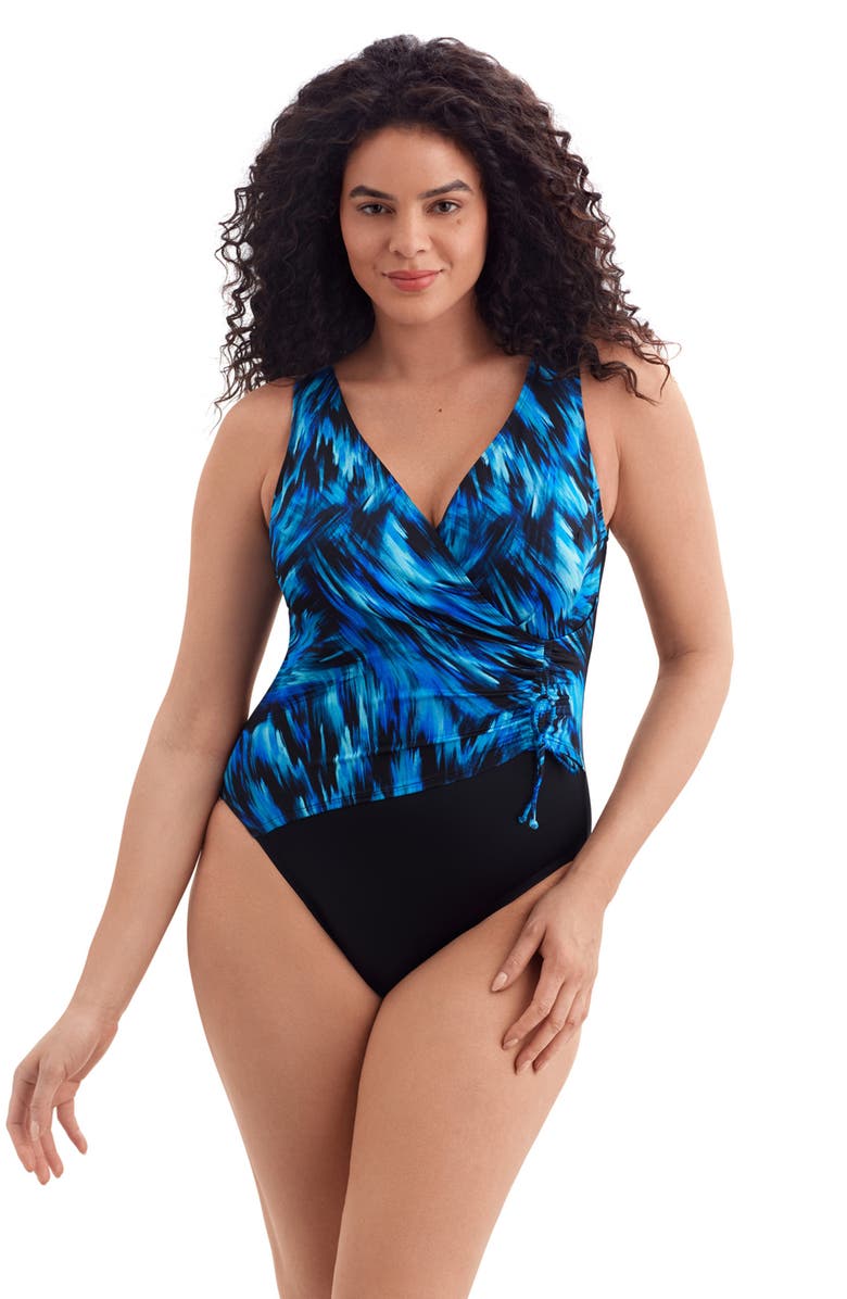 Longitude Shirred Faux Tie Surplice Long Torso One-Piece Swimsuit, Main, color, Summer Waves