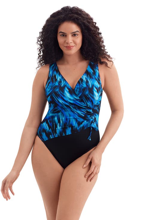 Shirred Faux Tie Surplice Long Torso One-Piece Swimsuit