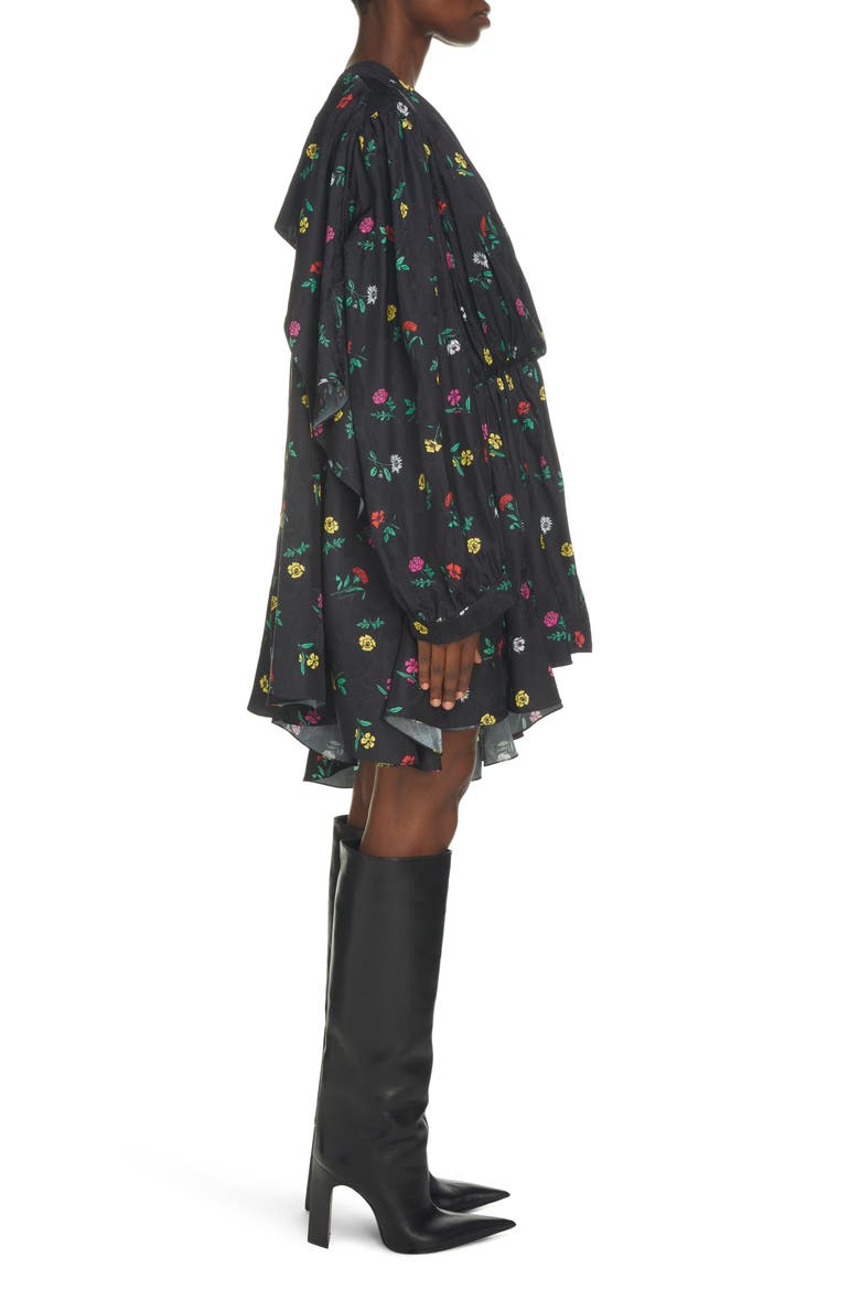 Jacquard Floral Print Long Sleeve Wrap Babydoll Dress, Alternate, color, BLACK