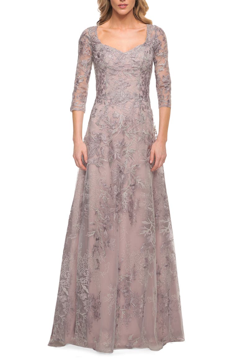 Floral Embroidered Mesh A-Line Gown, Main, color, SILVER/ PINK