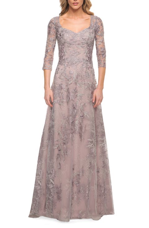 Floral Embroidered Mesh A-Line Gown