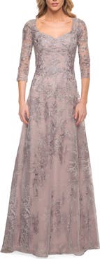 La Femme Floral Embroidered Mesh A-Line Gown
