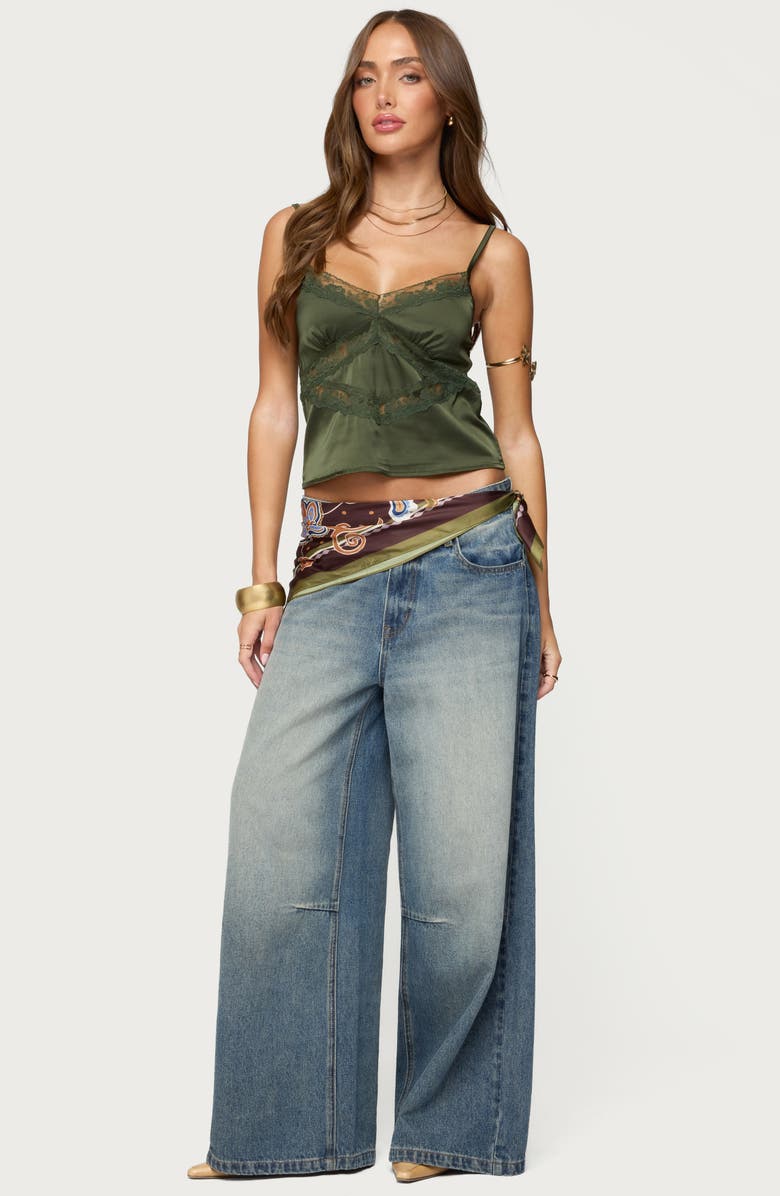 EDIKTED Tamar Lace Trim Satin Camisole, Alternate, color, Olive