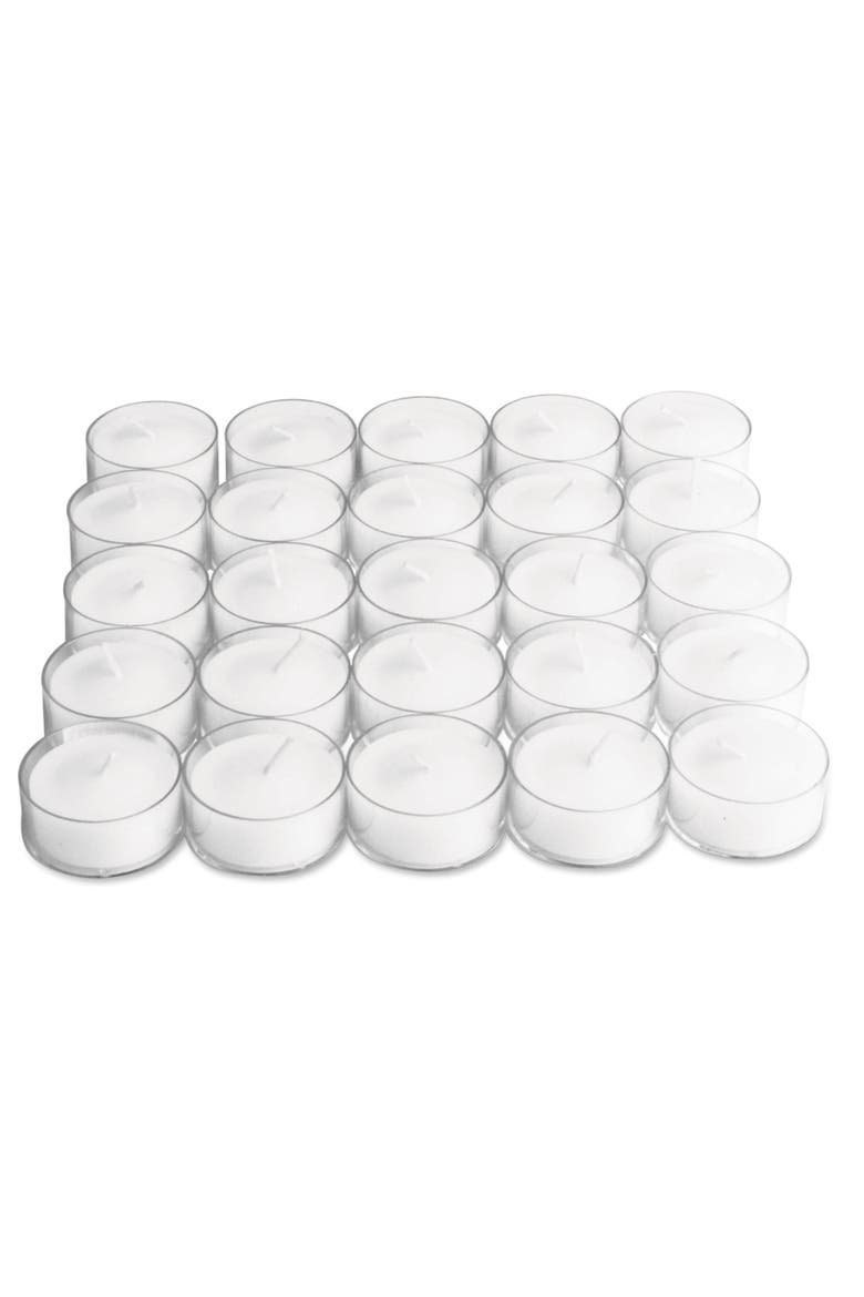25 Clear Cup Tealight Candles Everyday White Wax 3 Hour Burn, Main, color, White