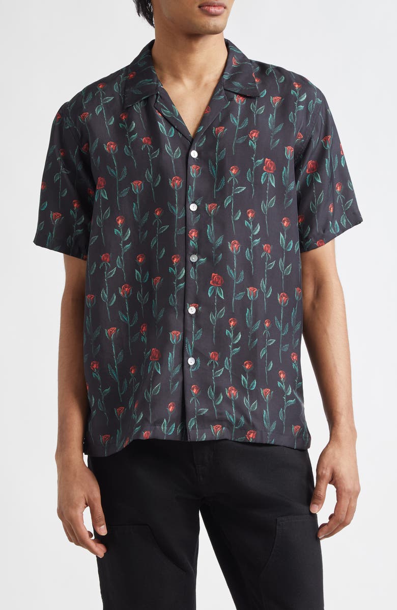 ENDLESS JOY Rose Print Silk Twill Button-Up Shirt, Main, color, Black/ Red