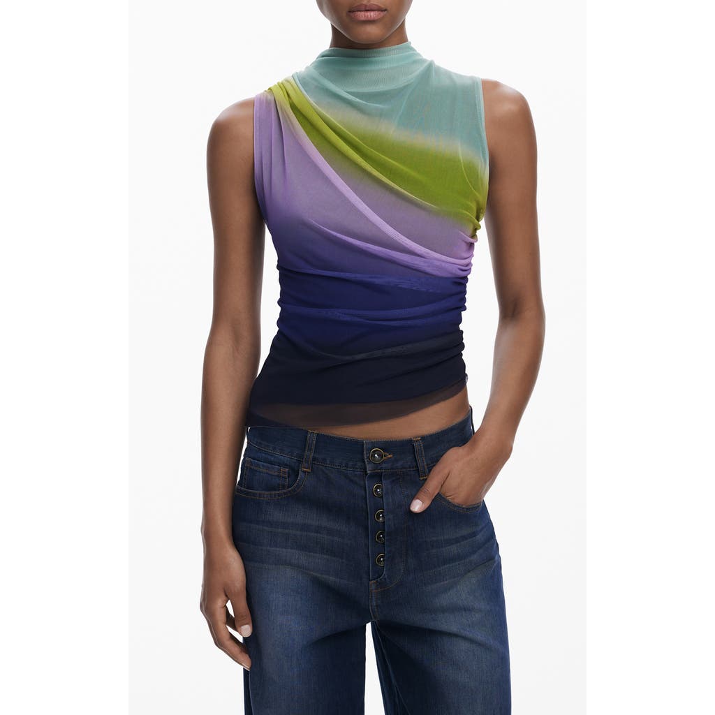 Desigual Ruched Sleeveless Mock Neck Top In Multi