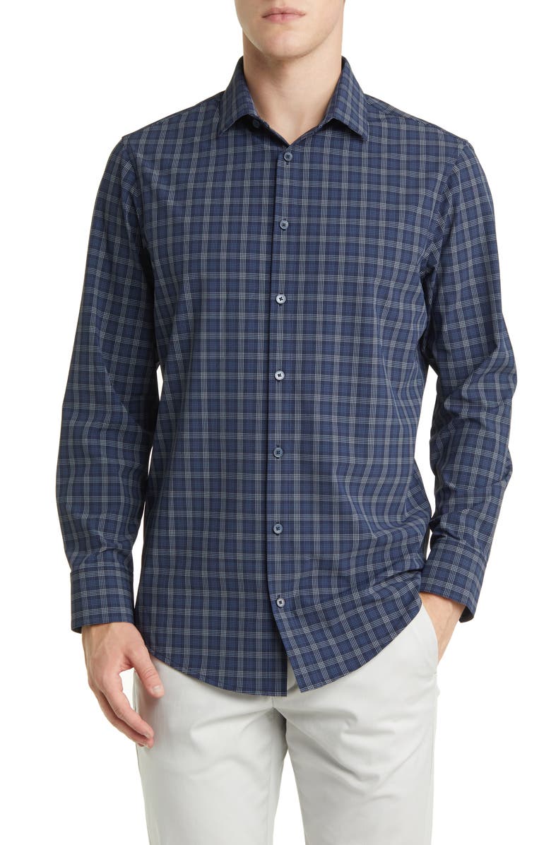 Mizzen+Main Leeward Navy Dallas Plaid No-Tuck Stretch Performance Button-Up Shirt, Main, color,